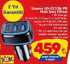 USAMS US-CC126 PD HIZLI ŞARJ CİHAZI USAMS US-CC126 PD HIZLI ŞARJ CİHAZI